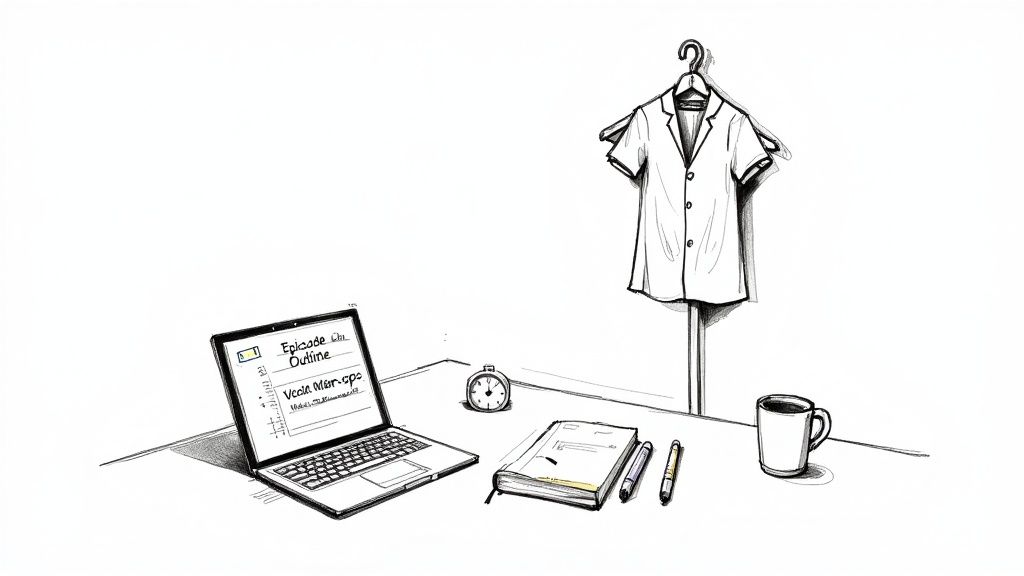 A sketch of a desk with a laptop, notebook, pens, clock, coffee mug, and a shirt on a hanger.