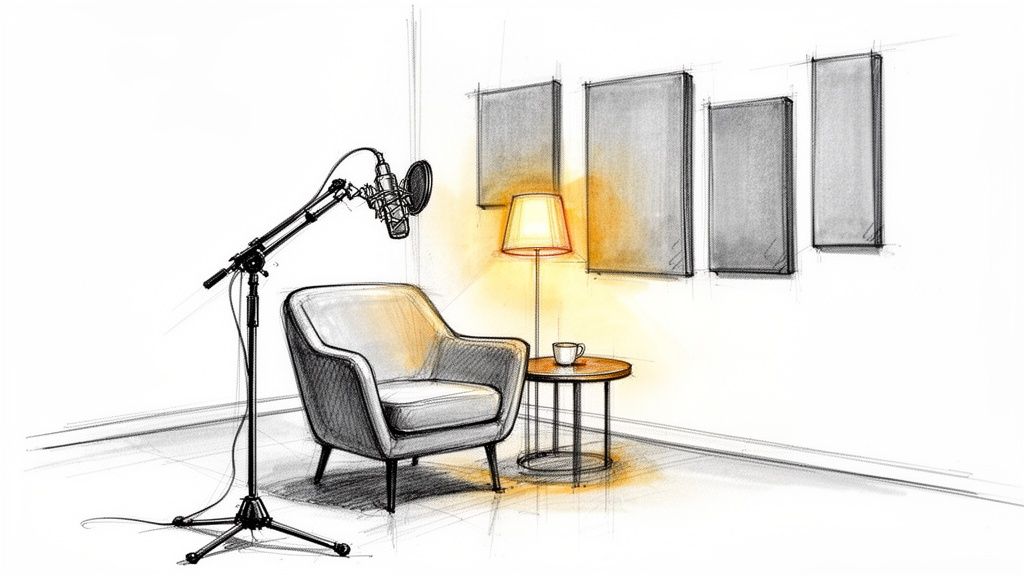 A black and white sketch of a podcast studio setup with a microphone, armchair, lamp, and sound panels.