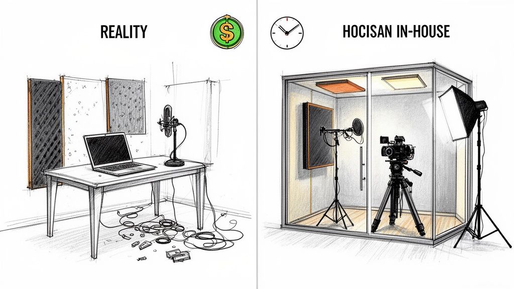 An illustration comparing a messy home recording setup with a sleek, professional in-house studio.