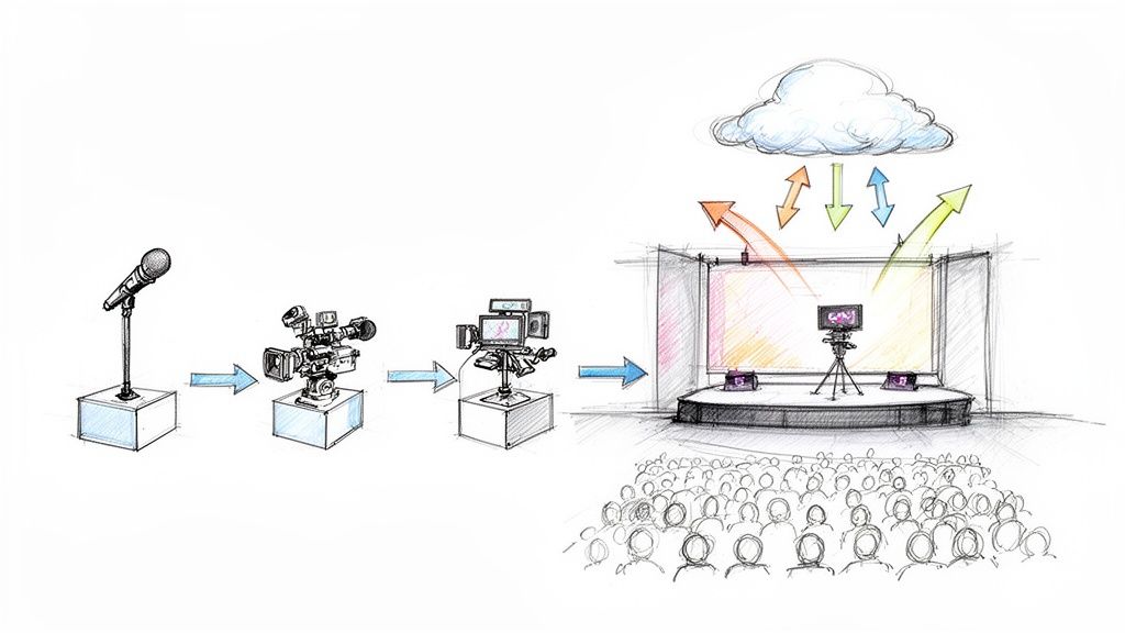 Workflow diagram showing audio/video capture, mixing, and cloud-based live event streaming.