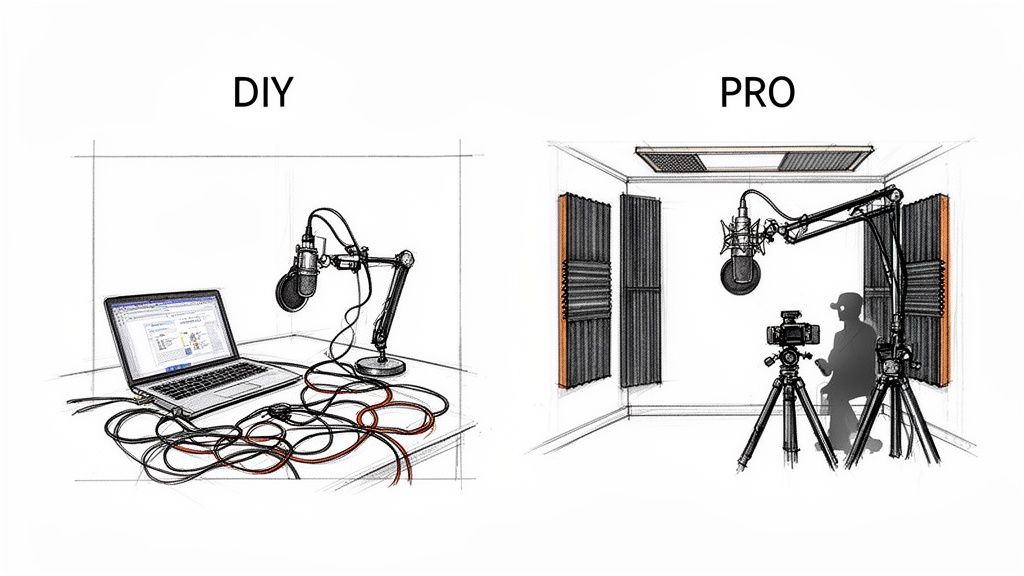 Comparison of a DIY home recording setup with a professional sound-treated podcast studio.