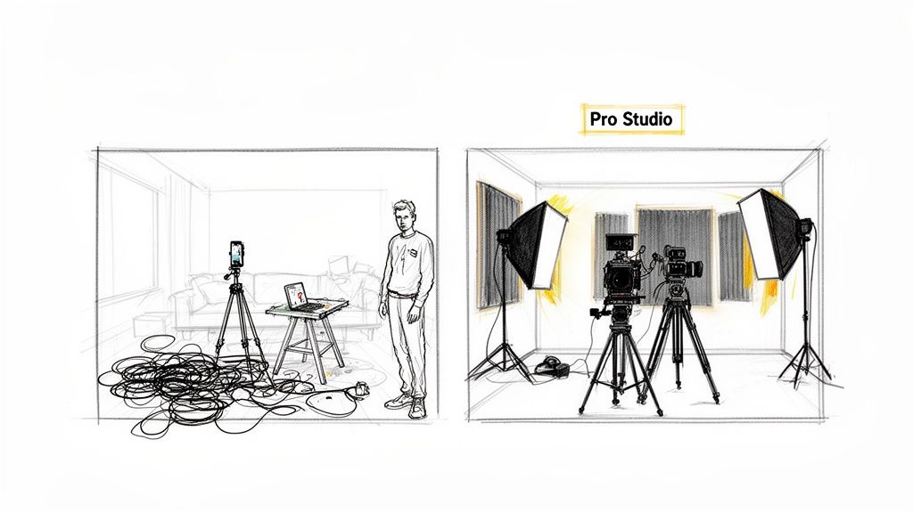 Comparison of a messy home video recording setup with a smartphone versus a clean, professional studio.