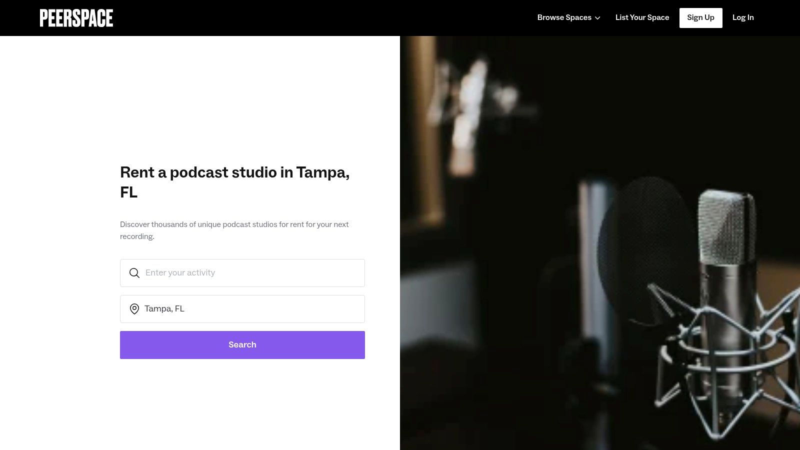 A screenshot of a Peerspace listing for a podcast studio, showing professional photos, pricing per hour, and a list of included amenities.