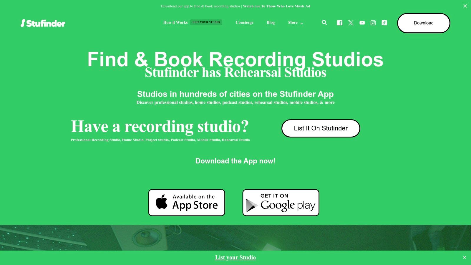 A sleek studio booking interface on a mobile device, representing Stufinder's app-first approach.