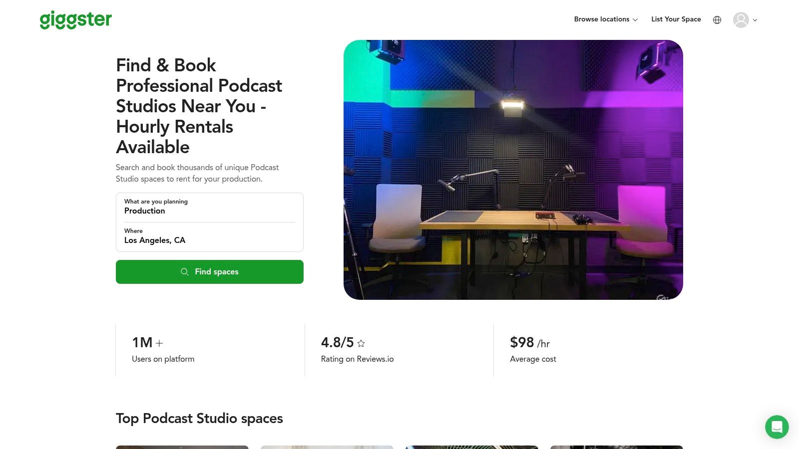 A podcast studio with multiple cameras and professional lighting, available for rent on Giggster