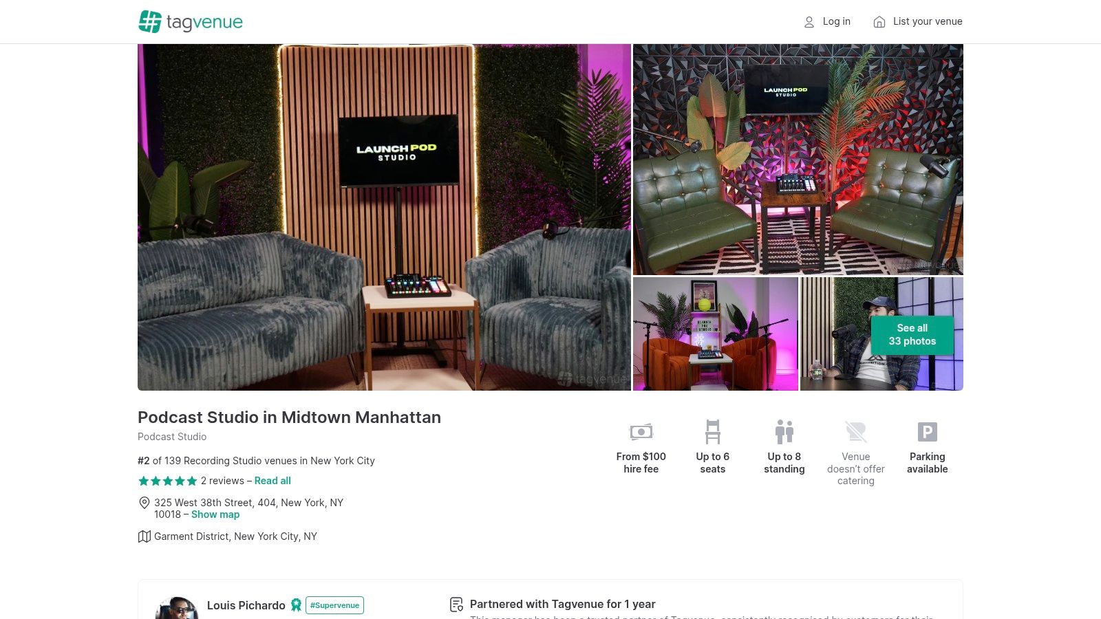 A podcast studio listing on Tagvenue, showing hourly pricing and amenities.
