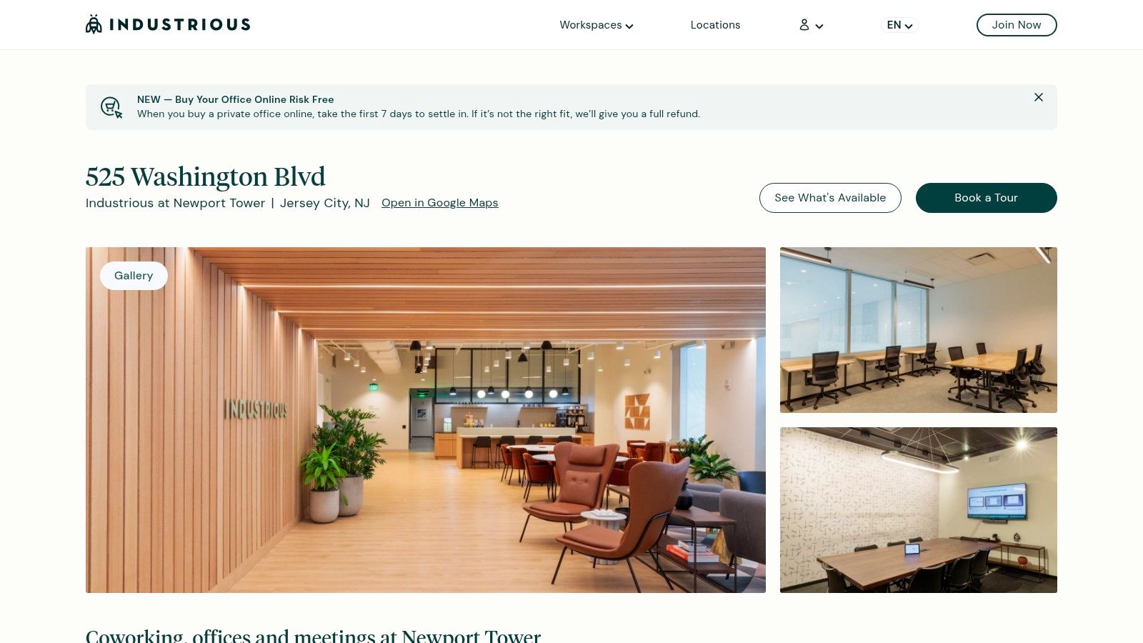 Industrious co-working space interior in New Jersey