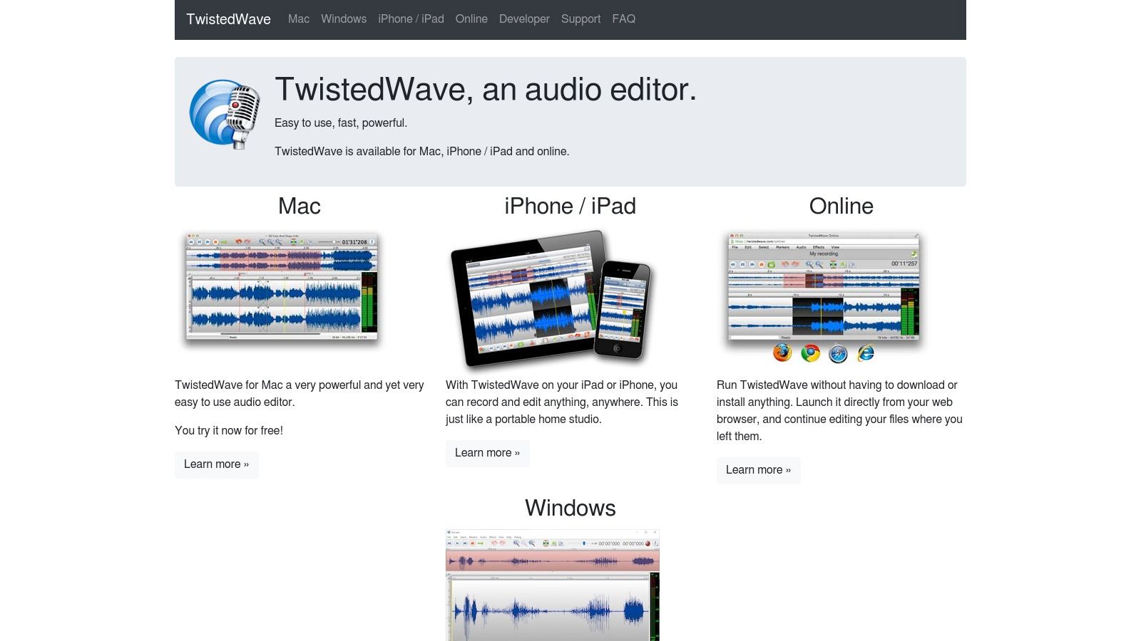 TwistedWave's clean user interface showing an audio waveform ready for editing.
