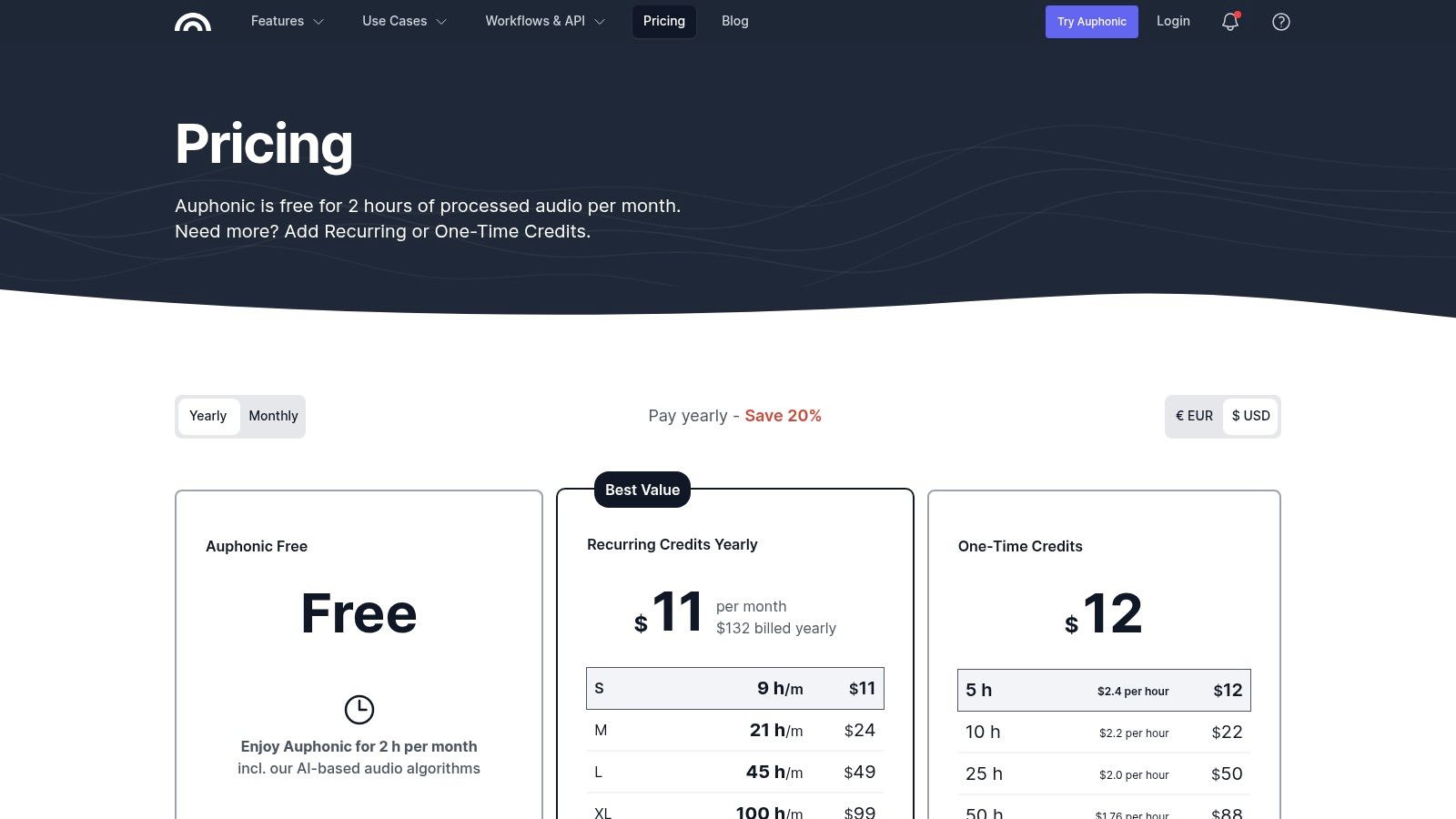 Auphonic's pricing page showing free and paid credit options.