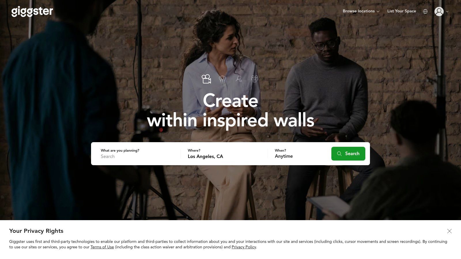 A creative and well-equipped podcast studio space listed on Giggster.