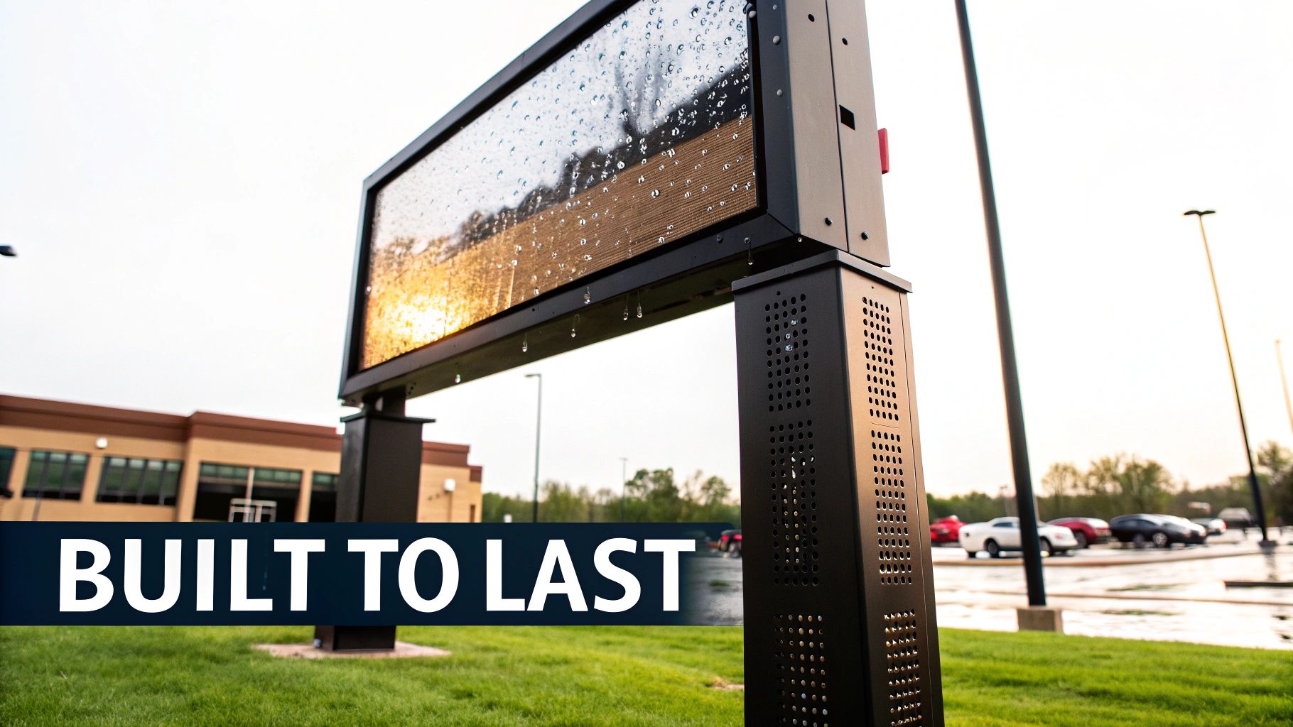 A Guide to LED Lights for Outdoor Signs 2 Durable outdoor LED display sign with water droplets, standing tall in a commercial setting.