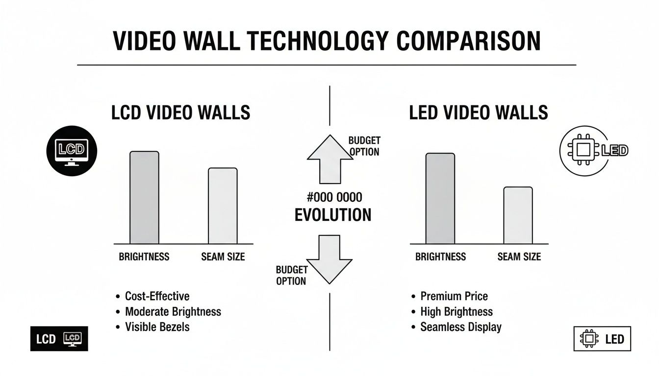 Comparison chart of LCD and LED video wall technologies, detailing brightness, seam size, cost, and display features.