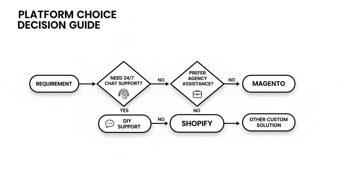 Decision guide flowchart for e-commerce platform choice based on support and agency preferences.
