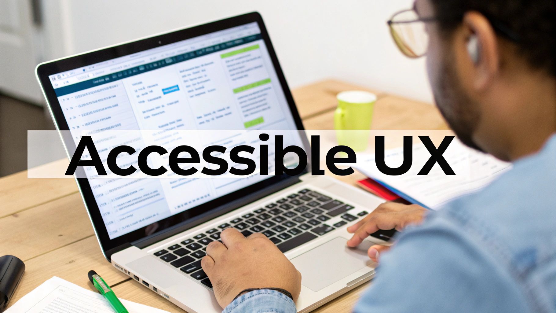 A person types on a laptop showing a web interface, with 'Accessible UX' text overlaid, emphasizing user experience.