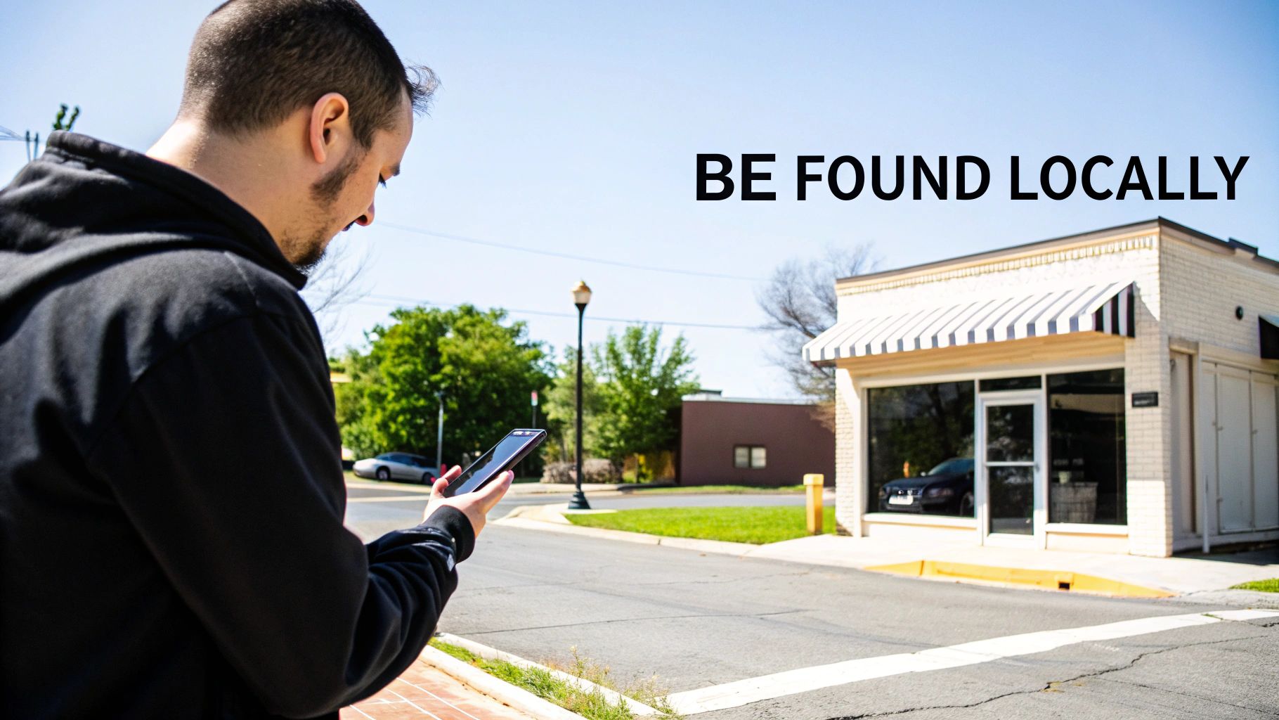 A man using a smartphone on a sunny street, with a local business and text 'BE FOUND LOCALLY' in the background.