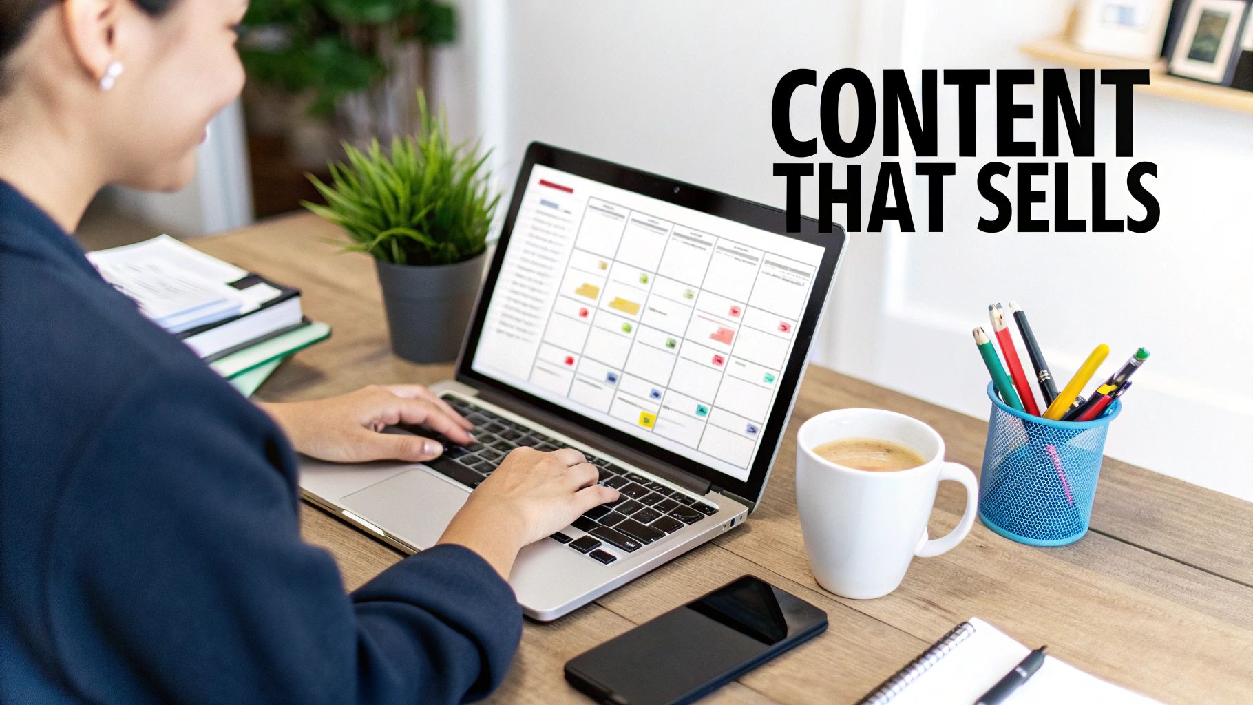 A smiling woman types on a laptop displaying a content calendar, with "CONTENT THAT SELLS" text.