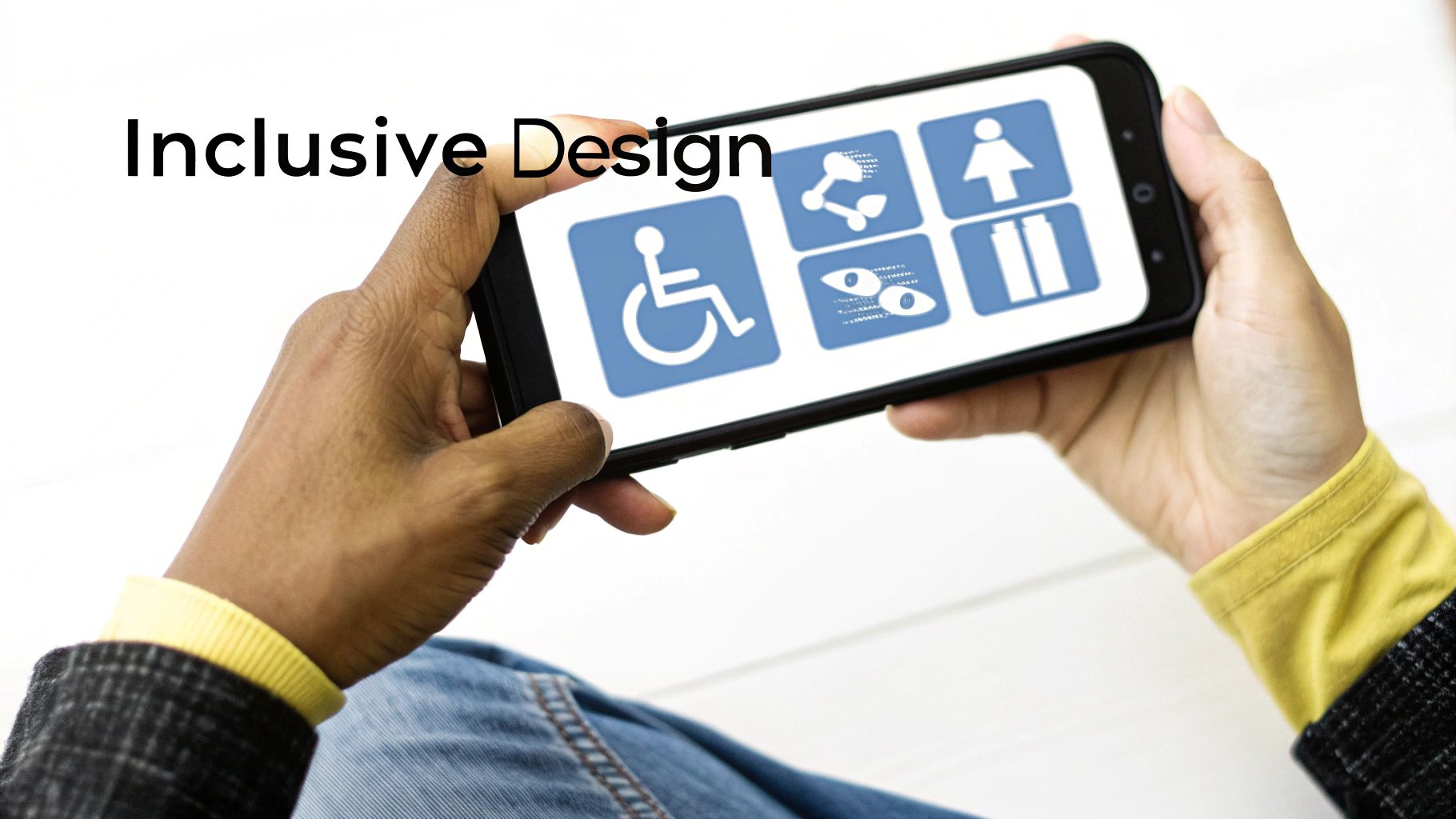 Diverse hands hold a smartphone displaying 'Inclusive Design' text and various accessibility icons.