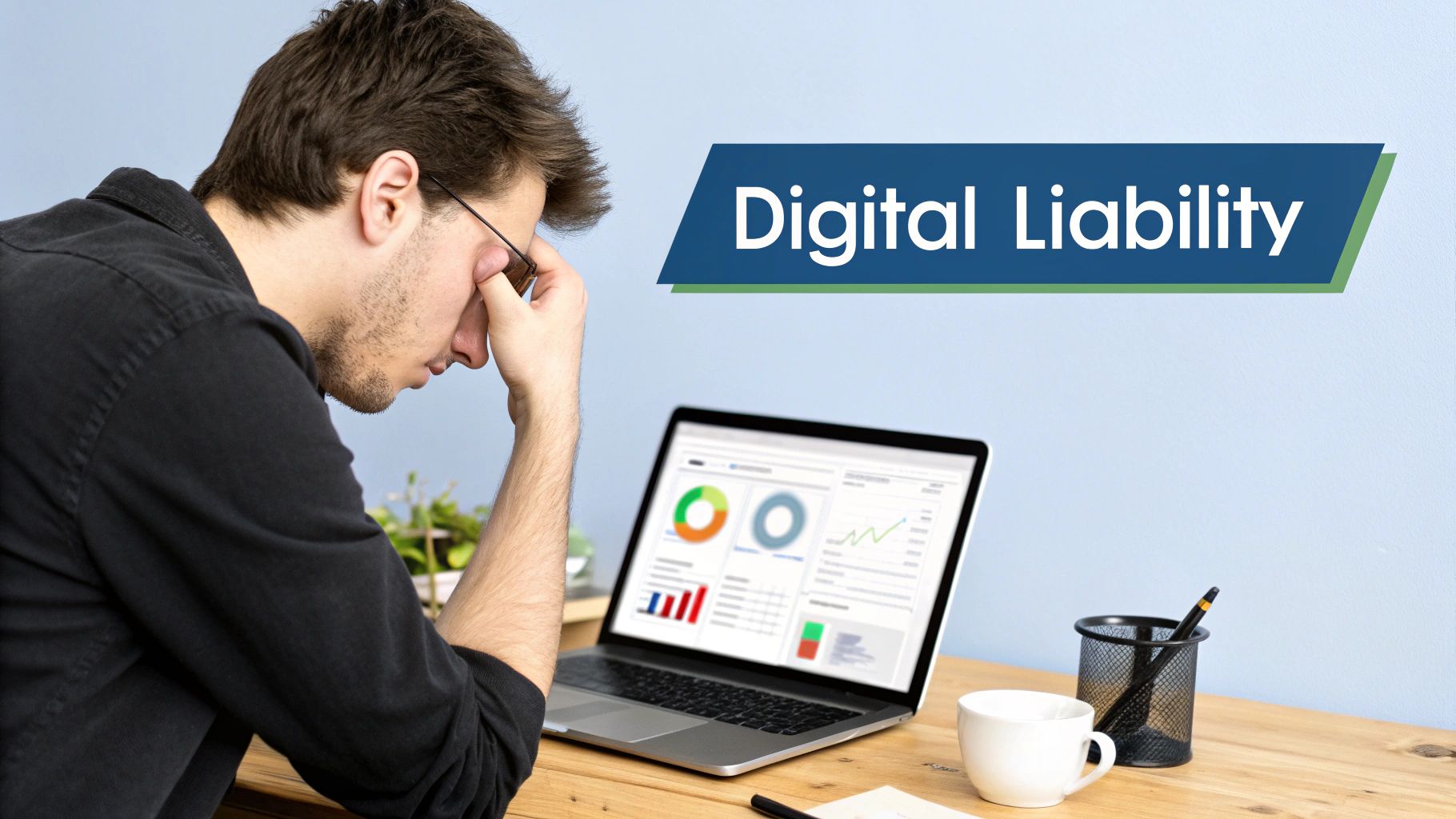 A man looking stressed while viewing data on a laptop, with a 'Digital Liability' banner.