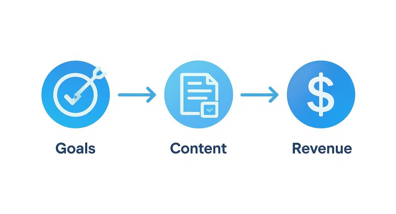 A visual diagram illustrating the content marketing process from setting goals, creating content, to generating revenue.