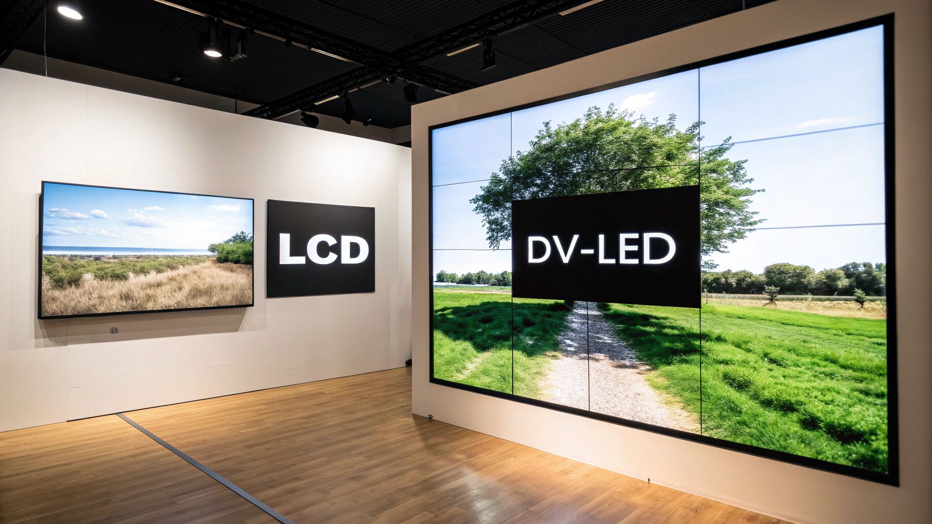 lcd for video wall: Essential buying tips 2 A side-by-side comparison image showing a detailed, high-resolution image on an LCD video wall and a bright, seamless image on an LED video wall.