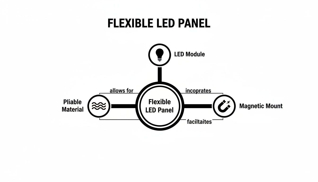 Flexible LED Panel A Guide to Curved Digital Displays 1 A conceptual diagram illustrates a flexible LED panel's features: pliable material, LED module, and magnetic mount.