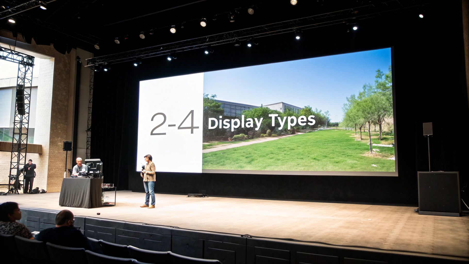 A Practical Guide to Choosing Displays for Shows 2 A speaker presents 'Display Types' on a large screen in an auditorium, with an audience watching.