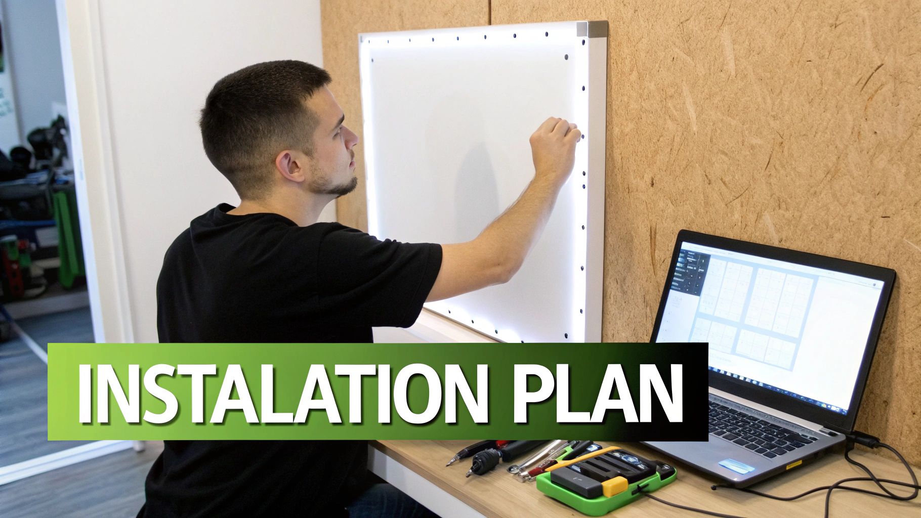 Professional installer planning LED display installation with laptop showing layout design and mounting template on wall
