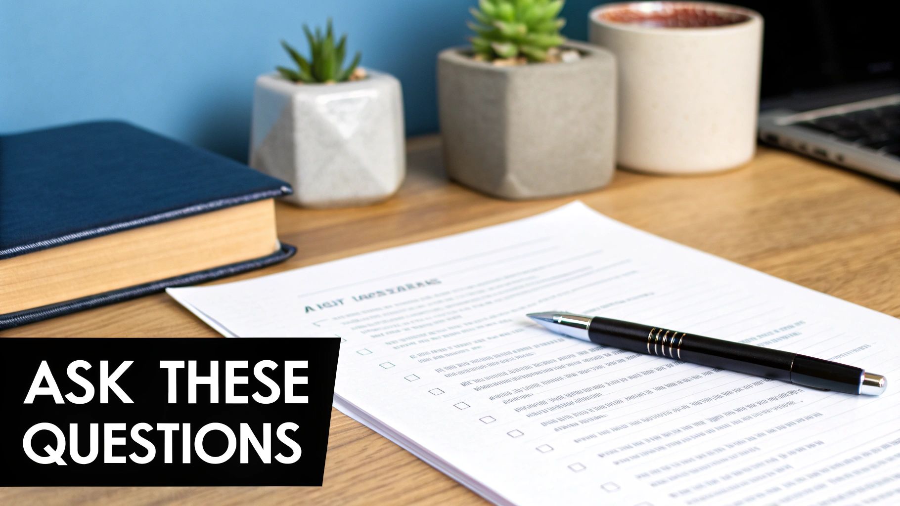 Business checklist document with pen on wooden desk next to notebook and coffee cup