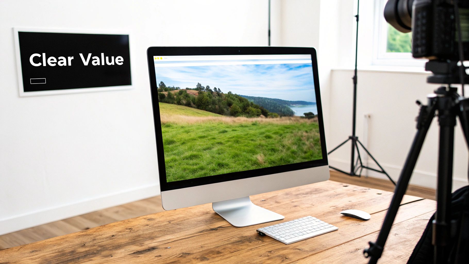 A modern computer setup on a wooden desk, displaying a scenic landscape, with a 'Clear Value' sign on the wall.