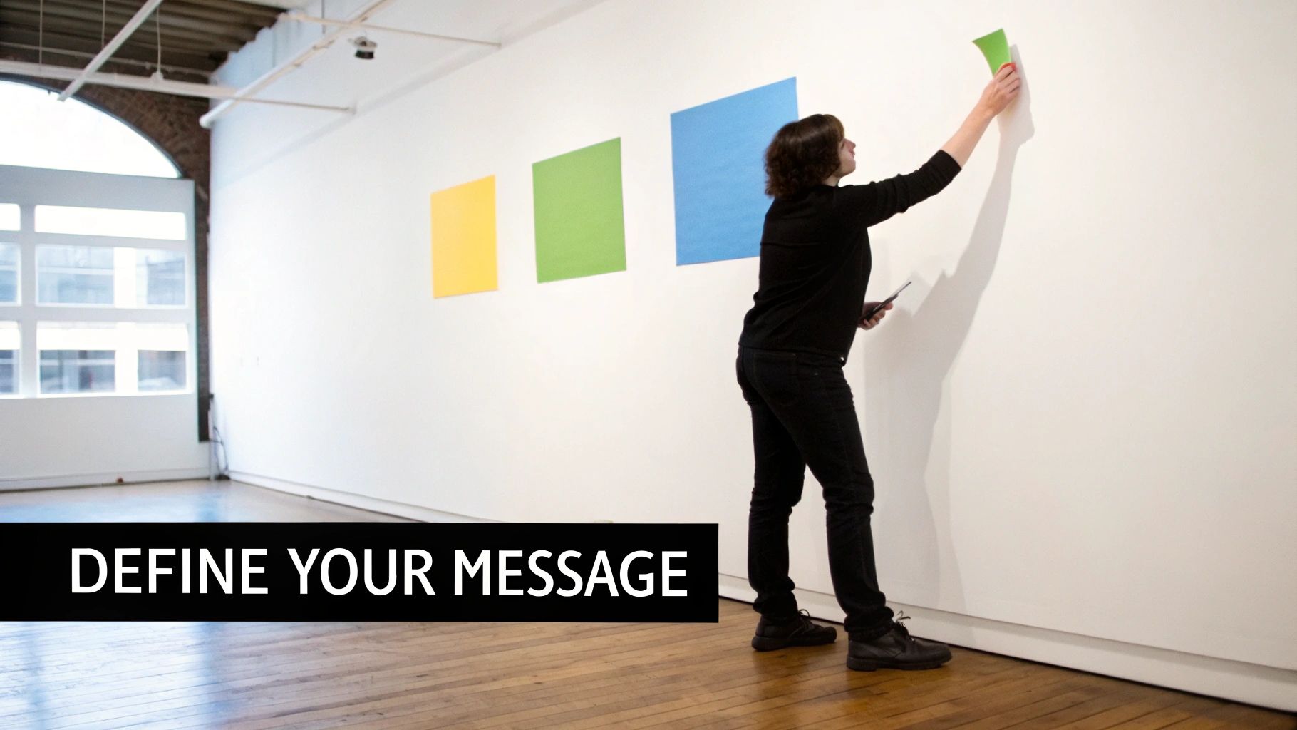 A person places a green paper on a white wall with other colored squares, defining a message.