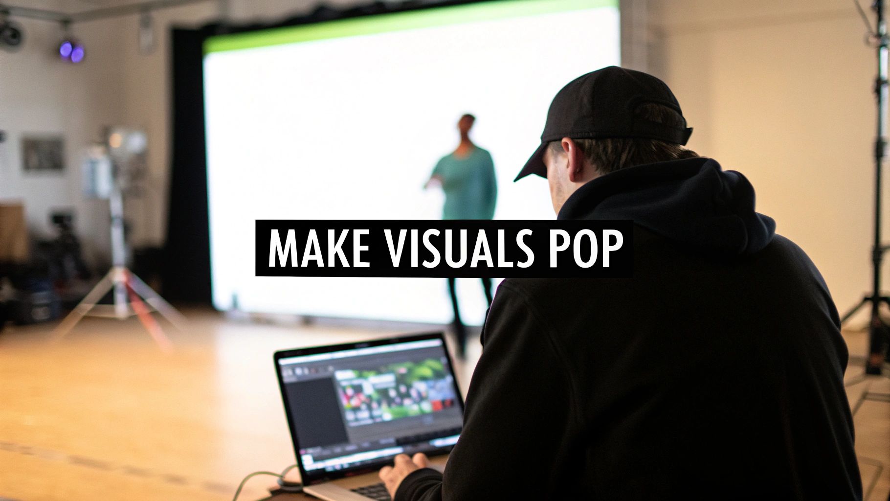 Stage with led screen: Elevate Your Event Visuals Today 3 Video producer editing content on laptop with large LED screen displaying green screen footage in studio