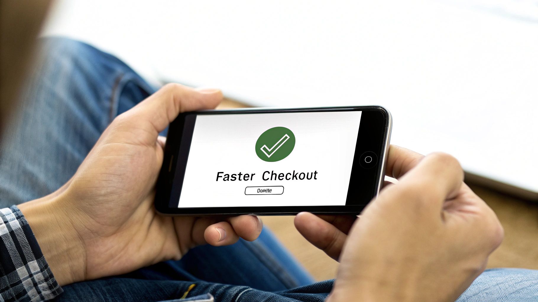 A person holds a smartphone showing 'Faster Checkout' with a green checkmark, symbolizing quick online transactions.