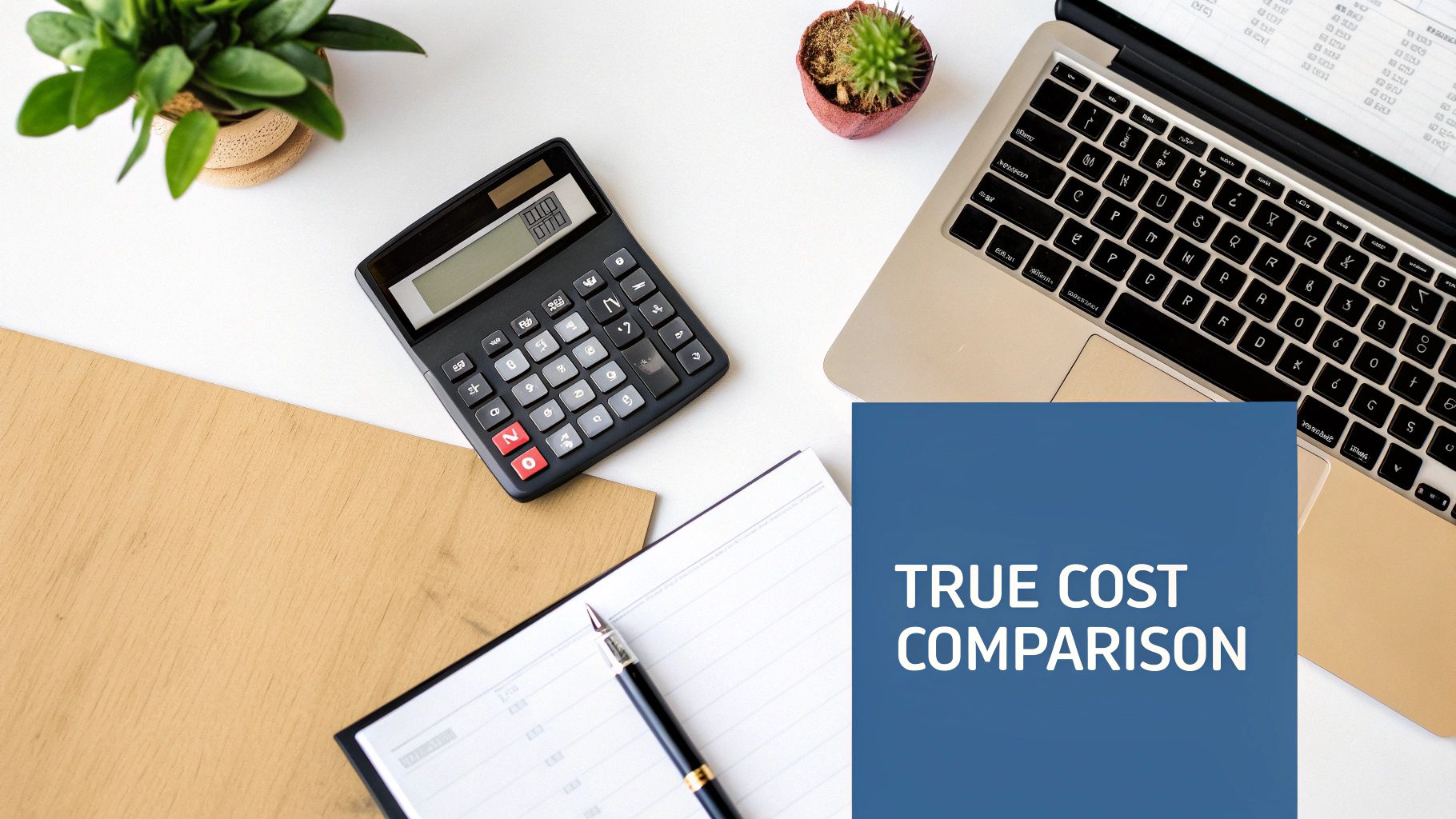 A flat lay of a desk with a calculator, laptop, notebook, and plants, with 'TRUE COST COMPARISON' text.