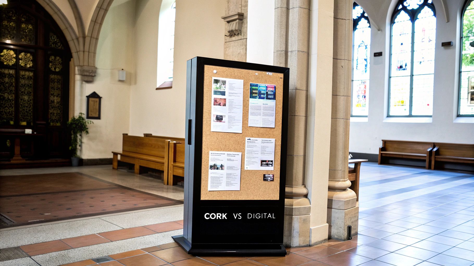 A modern black standing cork board displaying various announcements inside a traditional church interior.
