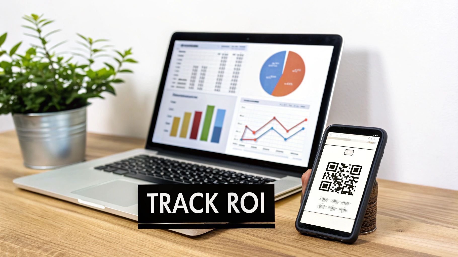 Laptop displaying data analytics and charts, smartphone with a QR code, alongside 'TRACK ROI' text.
