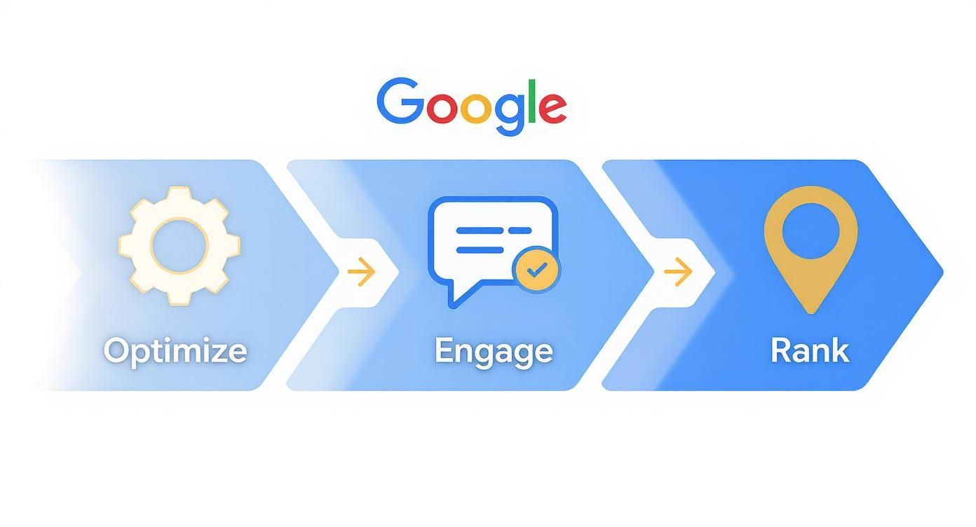 Google's 3-step process: Optimize with a gear, Engage with a chat, Rank with a pin.