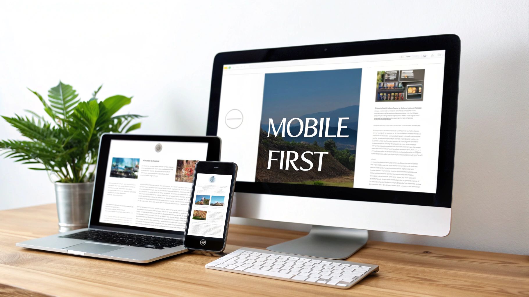 A desktop monitor, laptop, and smartphone display a 'Mobile First' website design on a wooden desk.