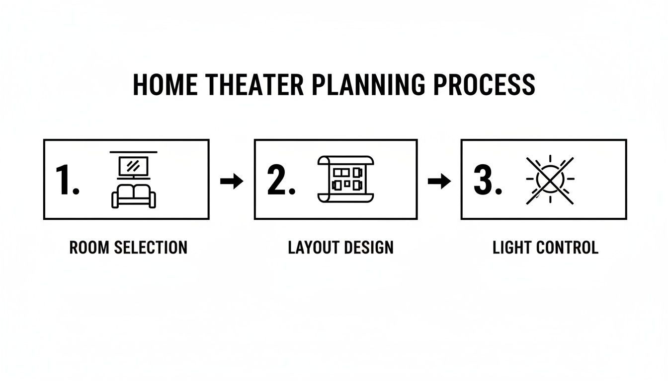 Diagram showing the three-step home theater planning process: room selection, layout design, and light control.