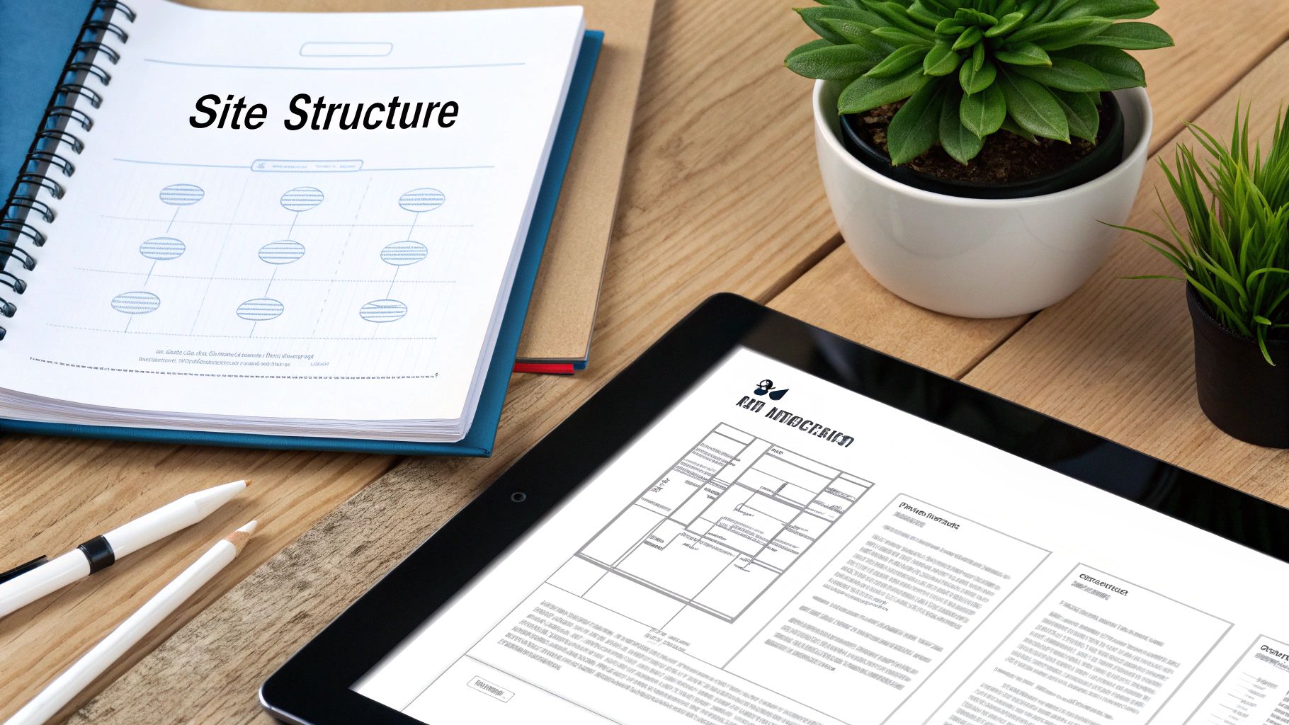 A top-down view of a desk with a notebook showing site structure, a tablet, plants, and pens.