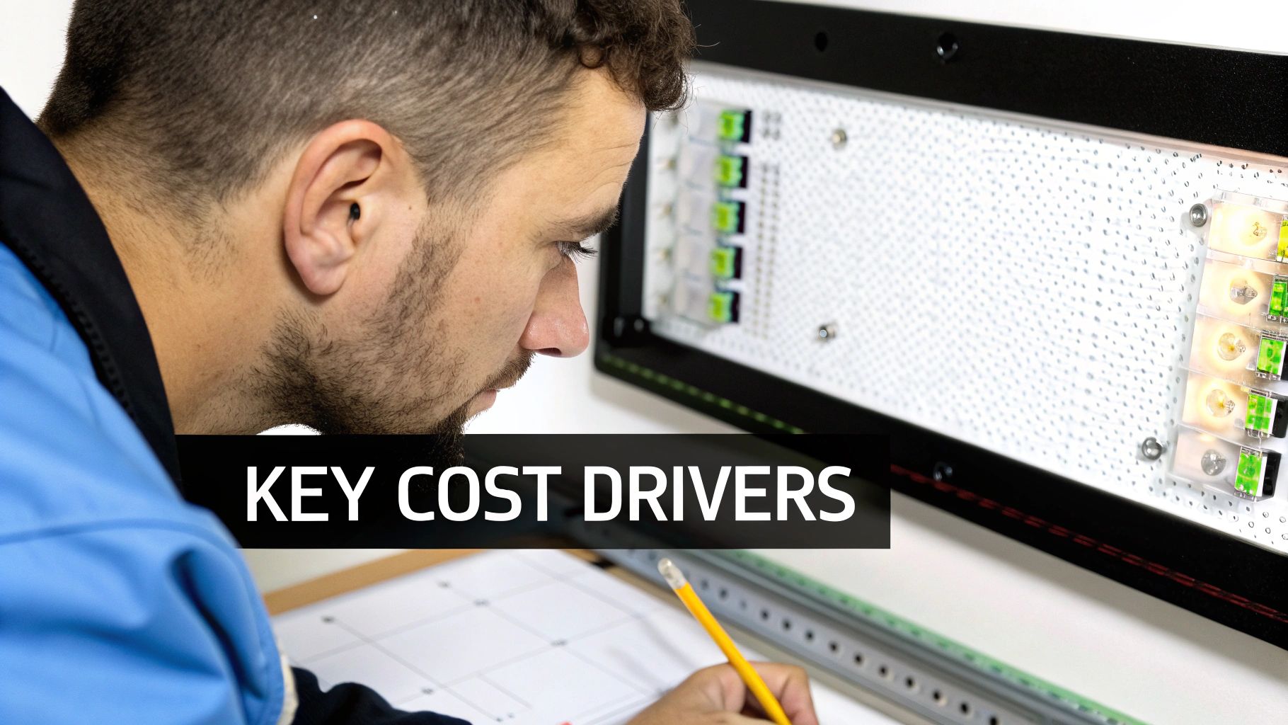 An engineer designs electronics, working on a circuit board and sketching plans, with text 'KEY COST DRIVERS'.