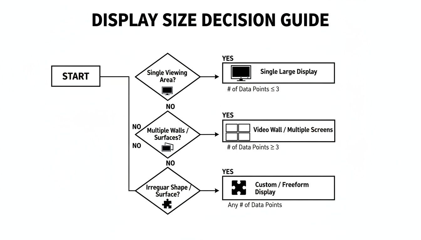 Flowchart guiding display size decisions, featuring options for single, video wall, and custom displays.