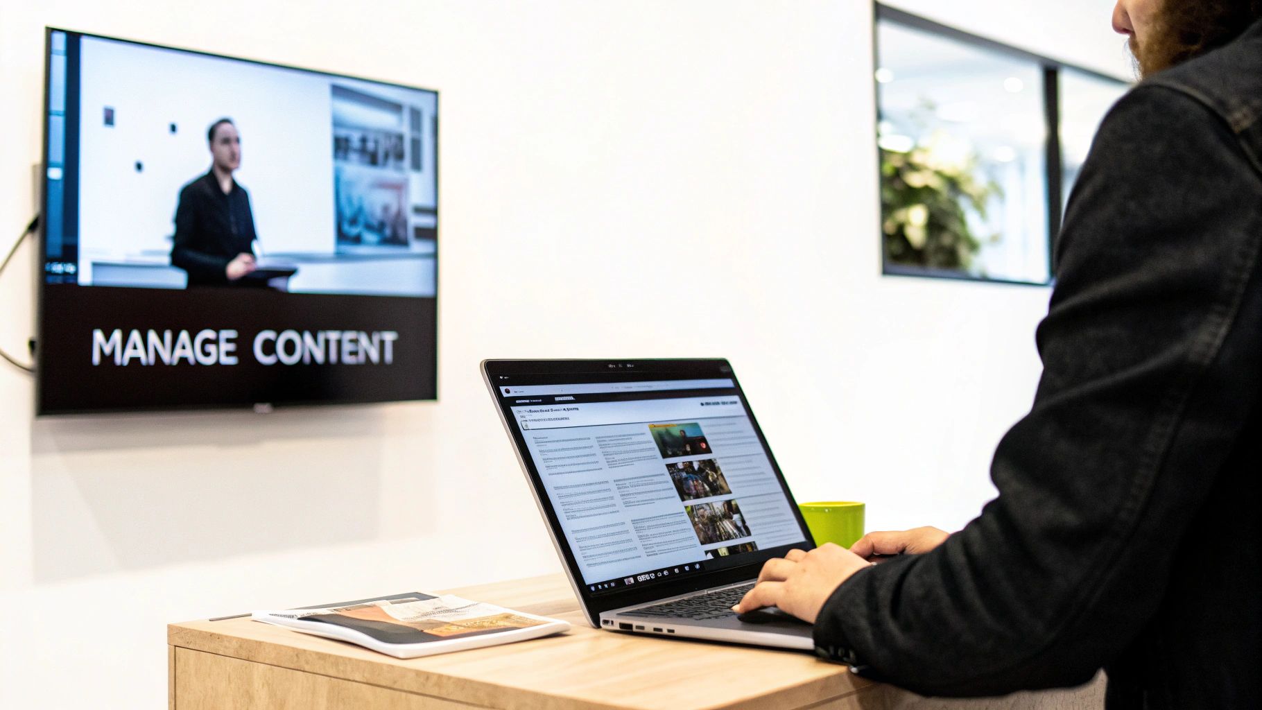 A Complete Guide to Digital Message Boards 3 A person using a laptop to manage content on a large digital message board in a modern office lobby.