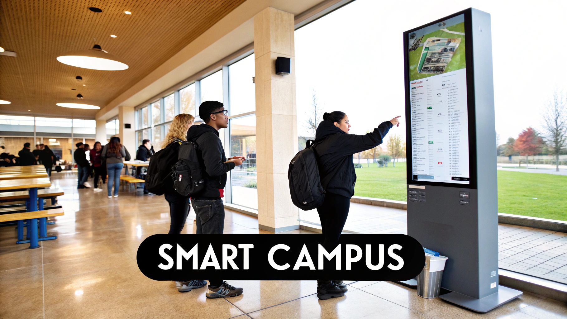 Students interact with a large digital signage display showing campus map and information in a modern school building.