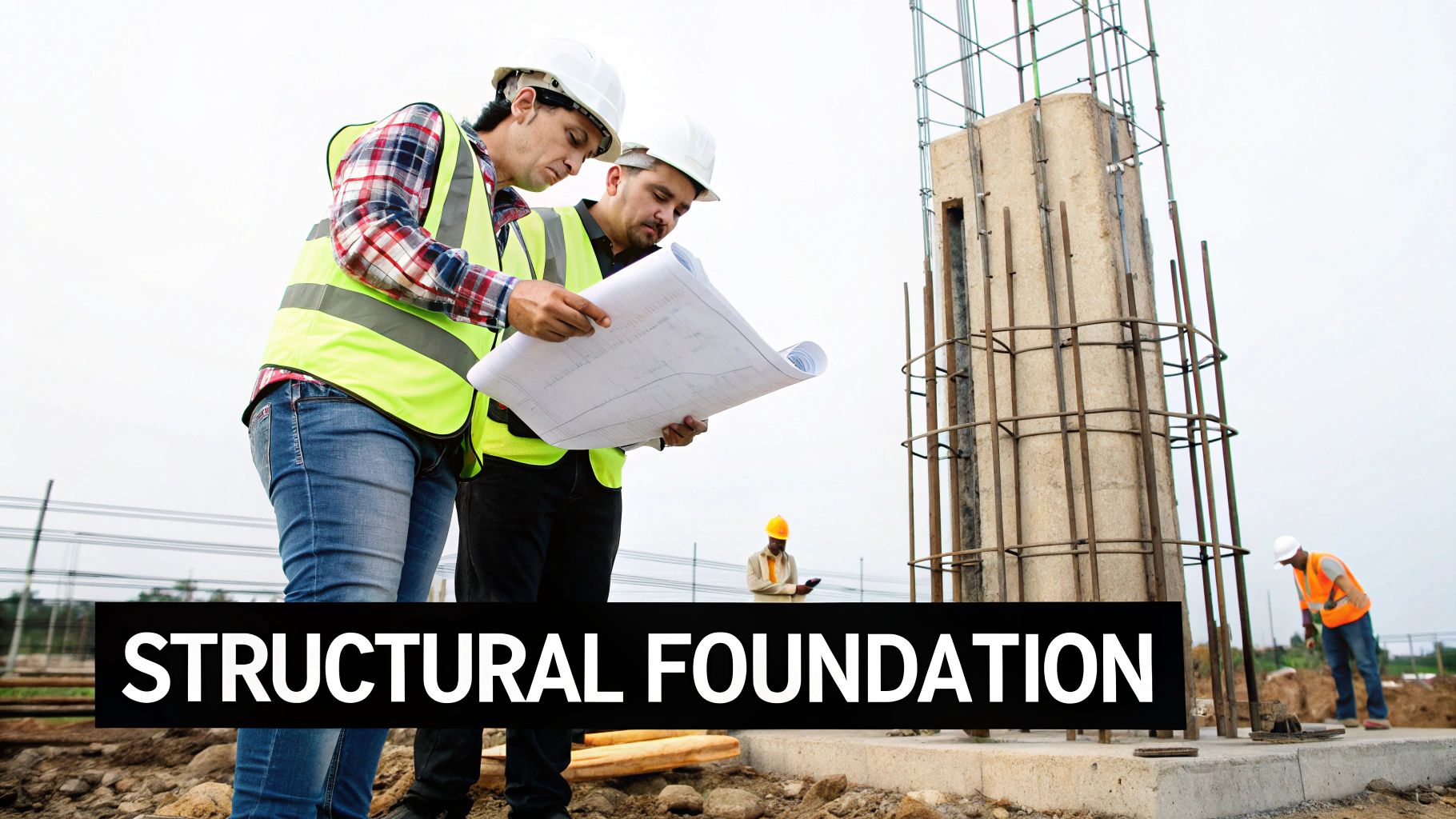 Two construction workers in hard hats and safety vests review blueprints at a building site with a concrete structural foundation.