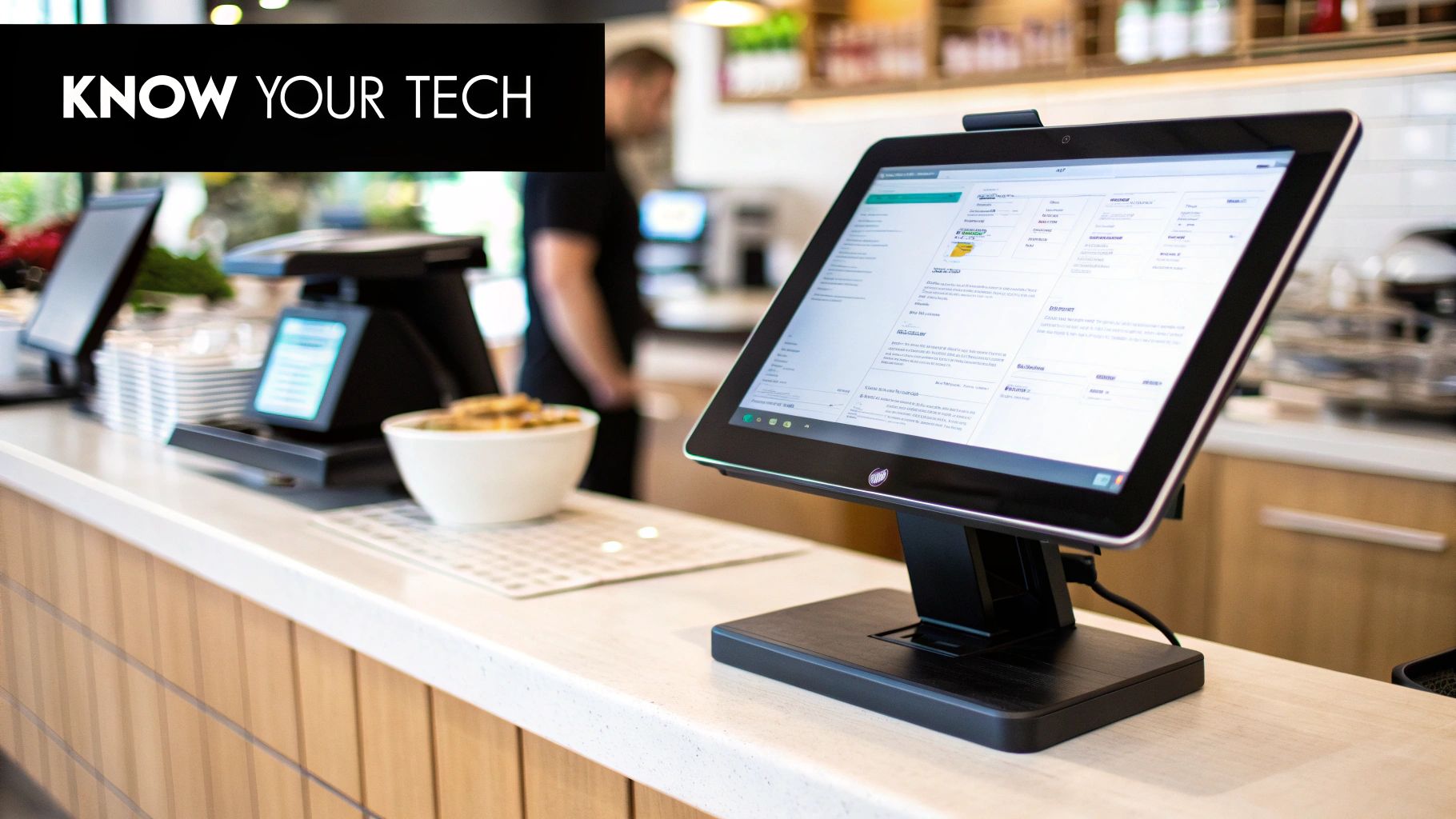 Digital Signs for Restaurants: A Practical Guide for Owners 2 A modern digital touchscreen POS system displayed on a counter in a bustling cafe or restaurant setting.