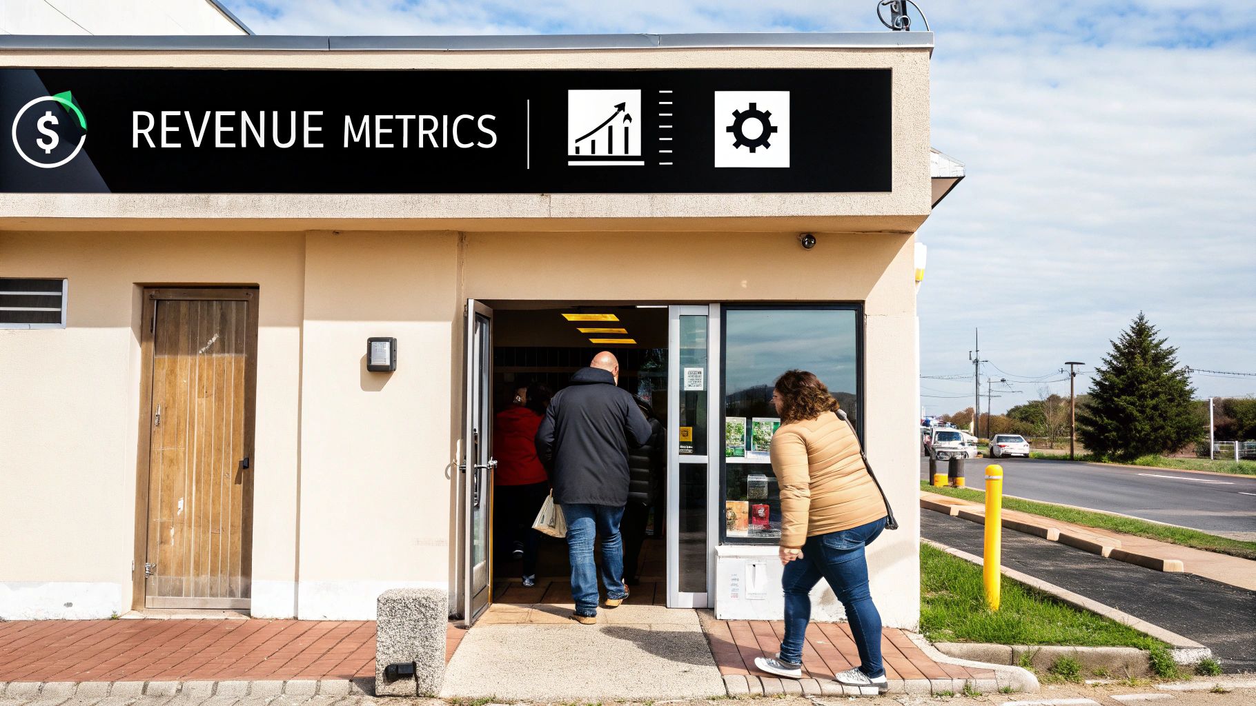 A storefront sign displaying 'REVENUE METRICS' with a dollar sign icon and a growth graph, as people enter the building.
