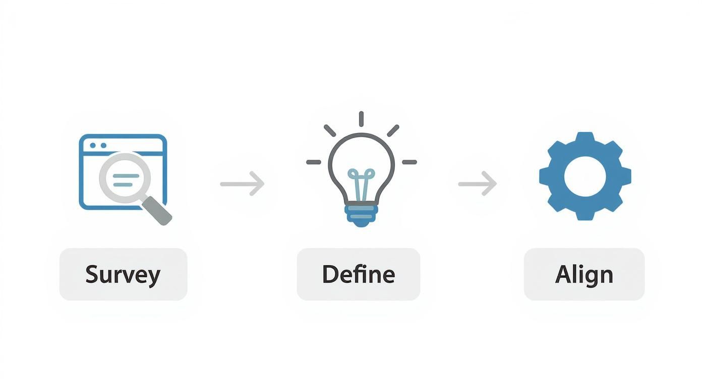 A three-step process infographic showing Survey, Define, and Align with icons for research, ideas, and settings.