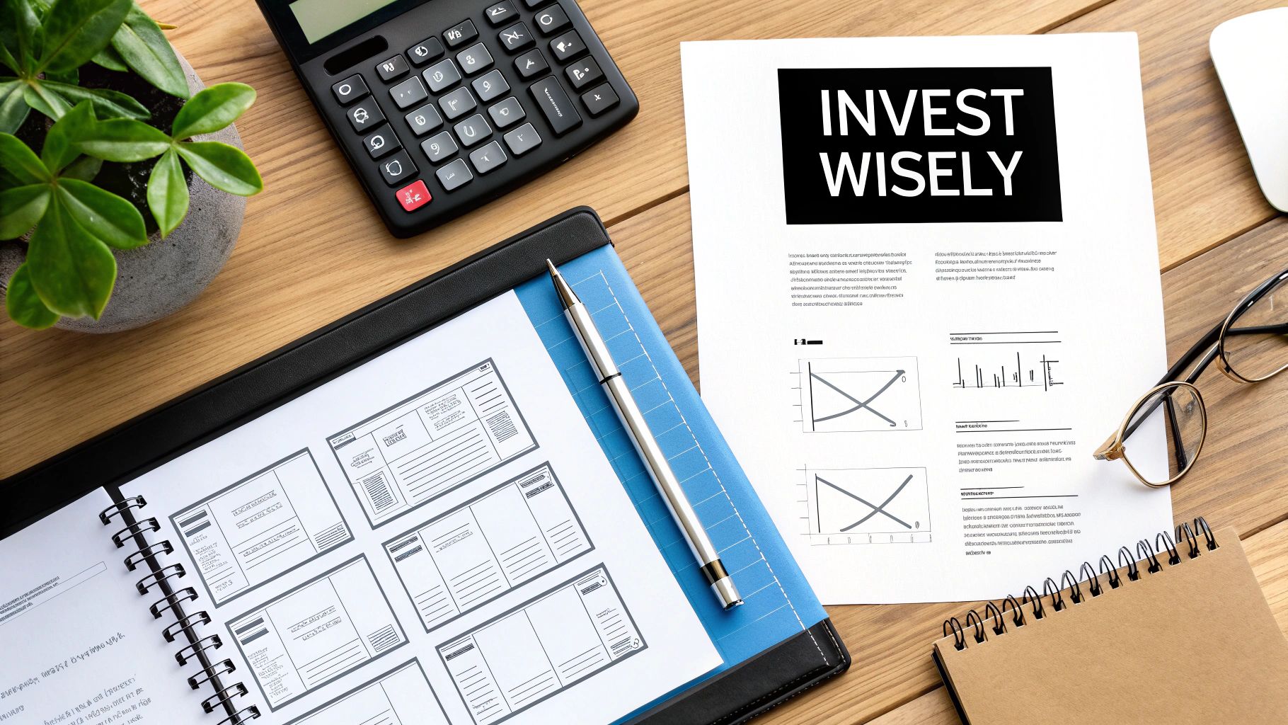 Overhead view of a wooden desk with a 'INVEST WISELY' document, calculator, notebook, and glasses, symbolizing financial planning.