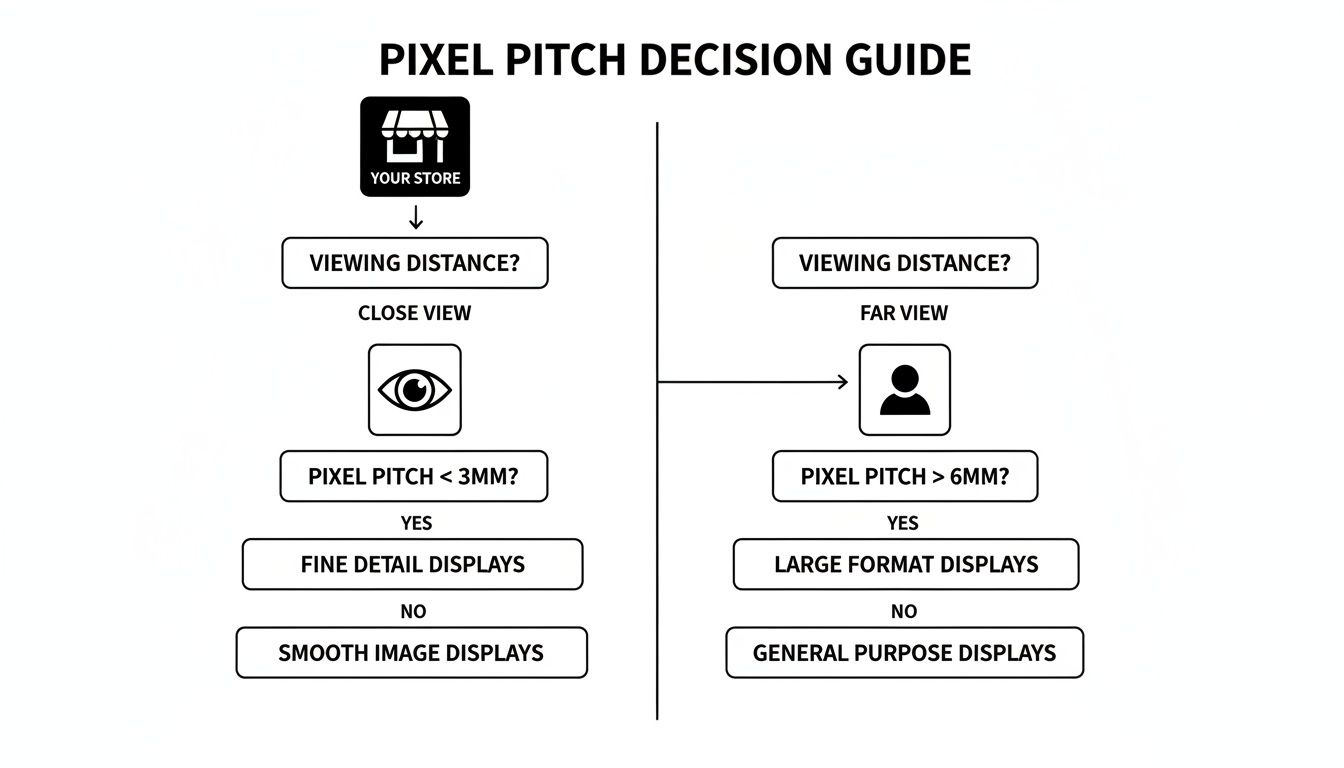 Decision guide flowchart for pixel pitch selection based on viewing distance and display type.