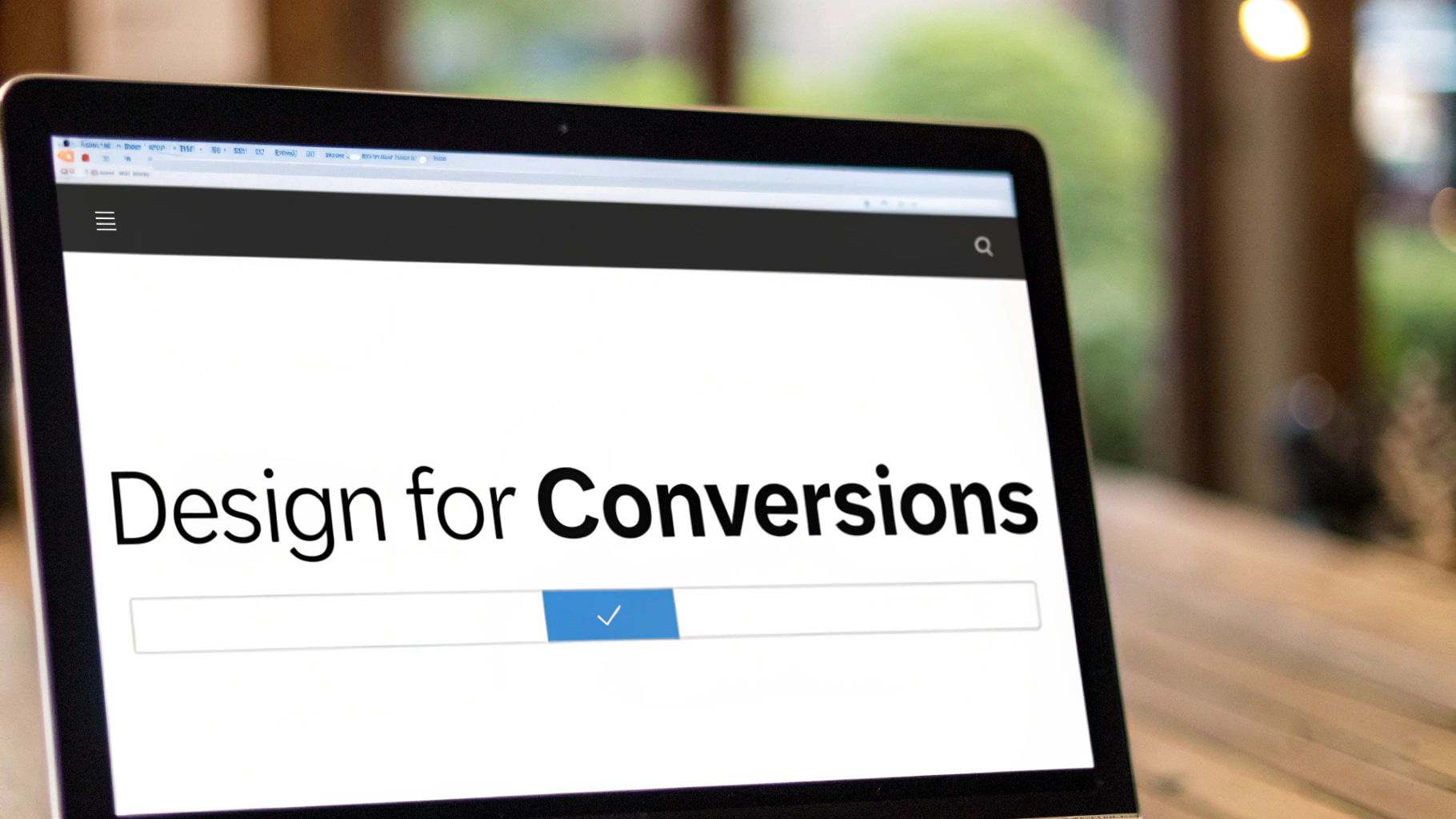 Laptop screen showing 'Design for Conversions' text and a progress bar, on a wooden table.
